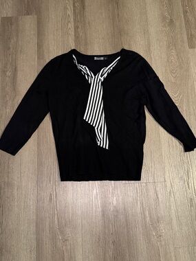 Zac & Rachel Black Crewneck Sweater with Striped Tie Accent